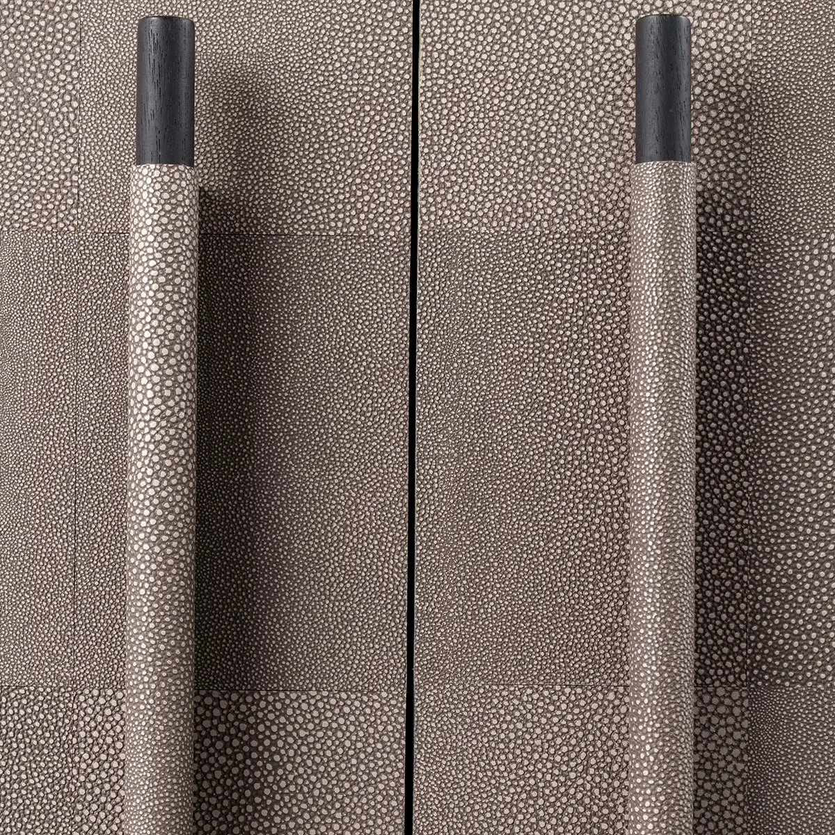 closeup handles luxe armoire grey shagreen leather