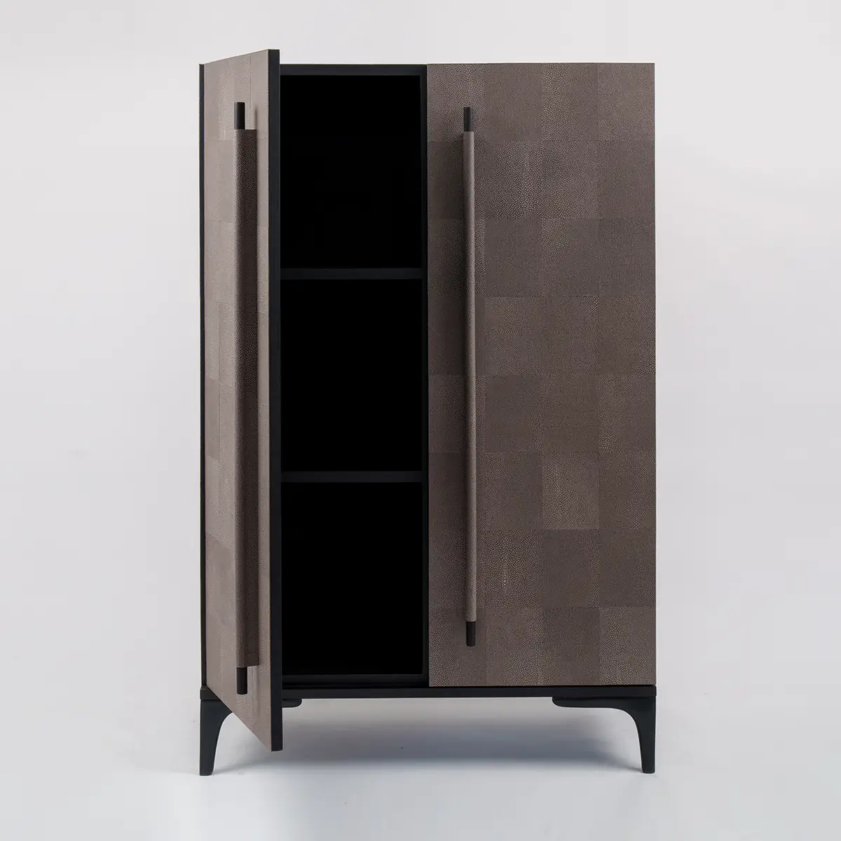 semi opened door luxe armoire grey shagreen leather